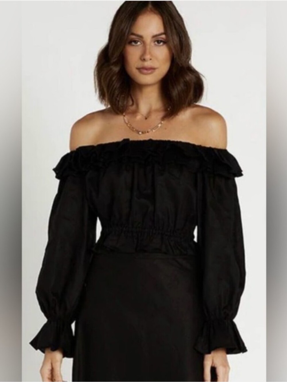 Dissh Mia Off The Shoulder Ruffle Vacation Trip Cropped Black Linen Top Size 8